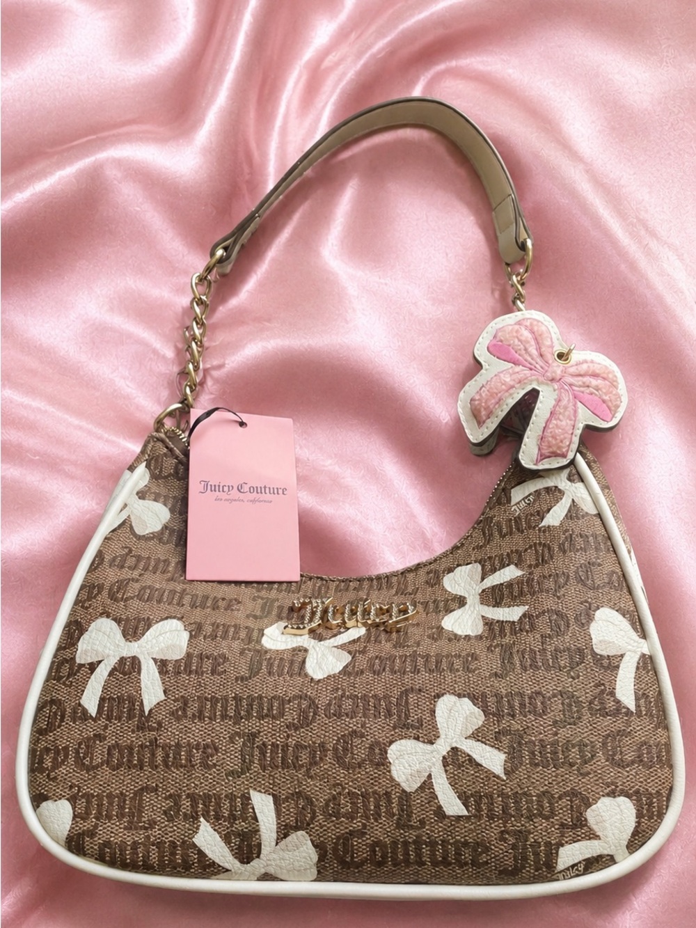 Juicy Couture Brown Bow Print Shoulder Bag with Pink Charm
